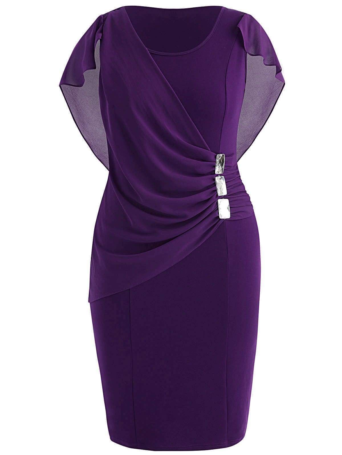 Clearance Rhinestone Ruched Embellished Capelet Dress O-Neck Sleeveless Mssaz Desses