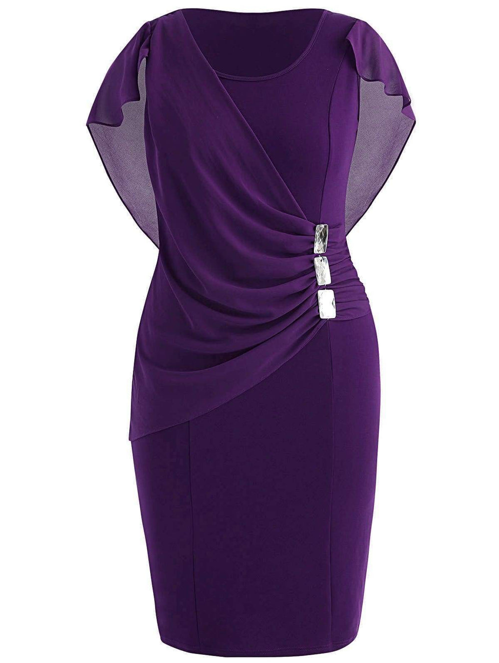 Clearance Rhinestone Ruched Embellished Capelet Dress O-Neck Sleeveless Mssaz Desses
