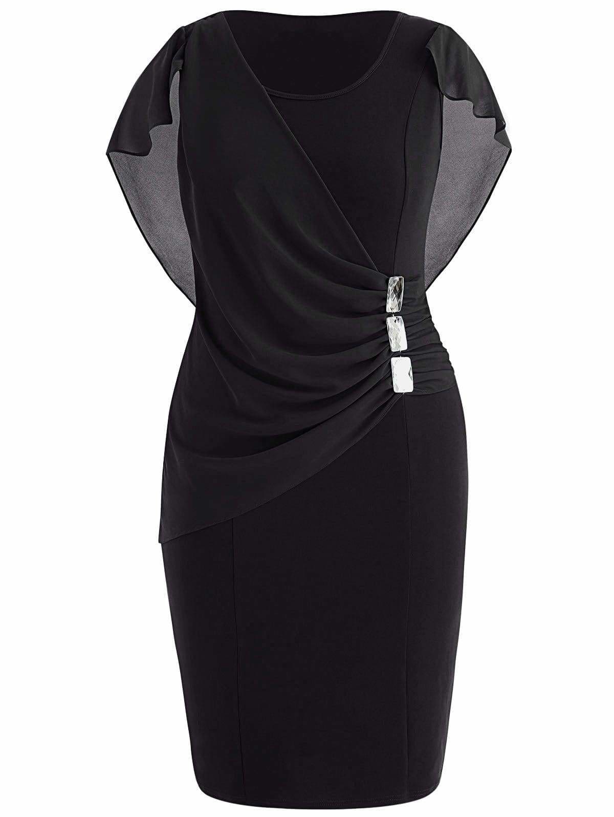 Clearance Rhinestone Ruched Embellished Capelet Dress O-Neck Sleeveless Mssaz Desses