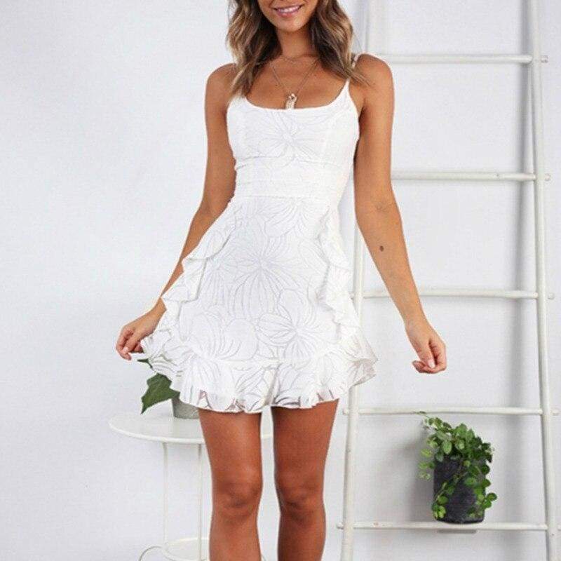 Ruffled Printing Sling Mini Dress V Neck Irregular Party Dress Mssaz Desses