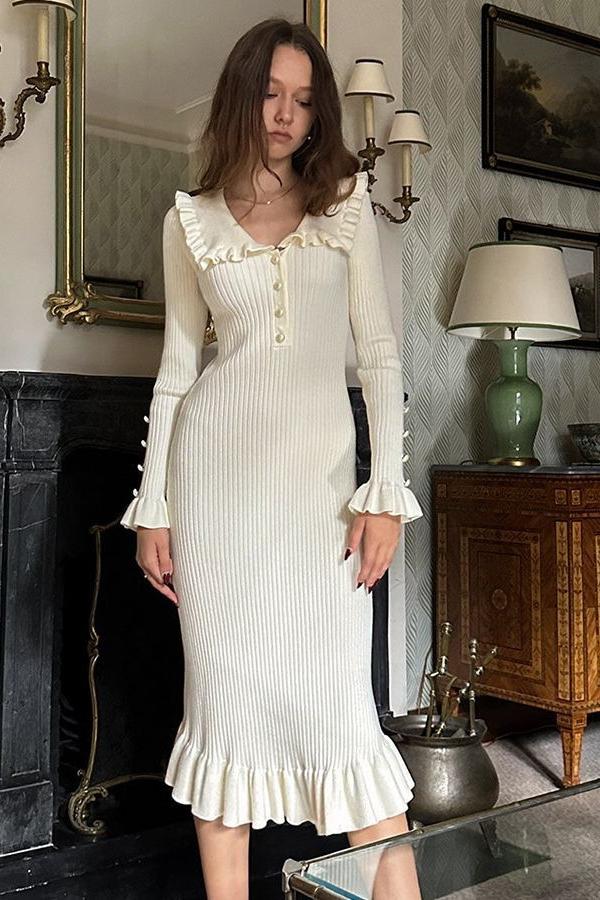 Sicily Ruffle Pearl Midi Knit Dress Mssaz Desses