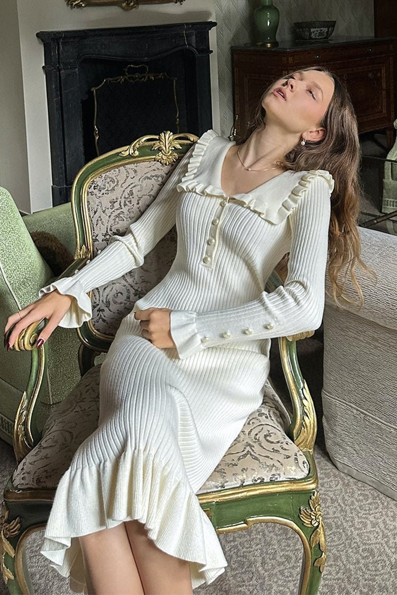 Sicily Ruffle Pearl Midi Knit Dress Mssaz Desses