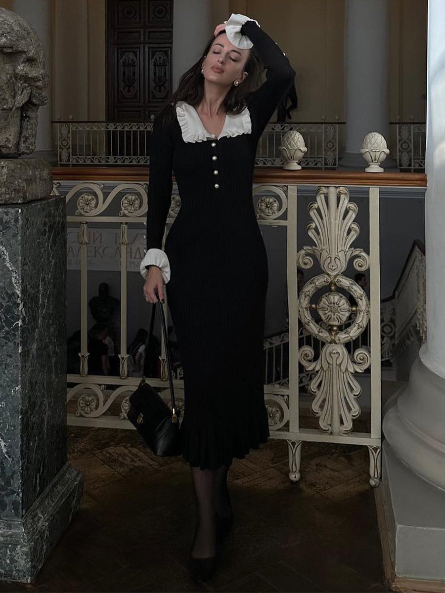 Sicily Ruffle Pearl Midi Knit Dress Mssaz Desses