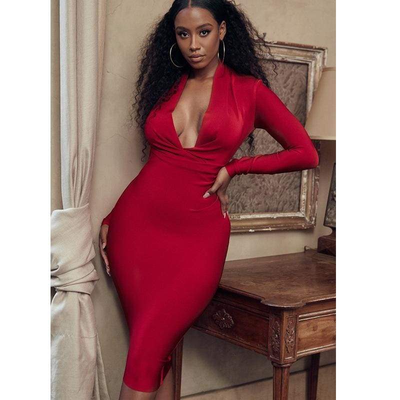 Solid Color Dress Long Sleeve Large V-neck Bandage Dress Mssaz Desses