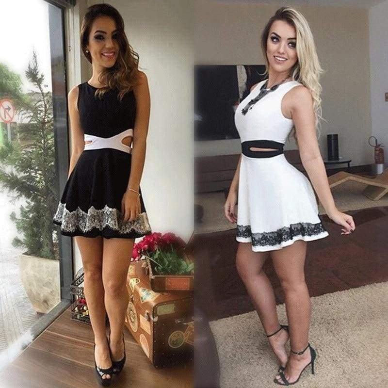 Dress OL Lady Sleeveless O-neck Lace Patchwork Casual Slim Fit Hollow Out Mini Waist Dress white black Mssaz Desses