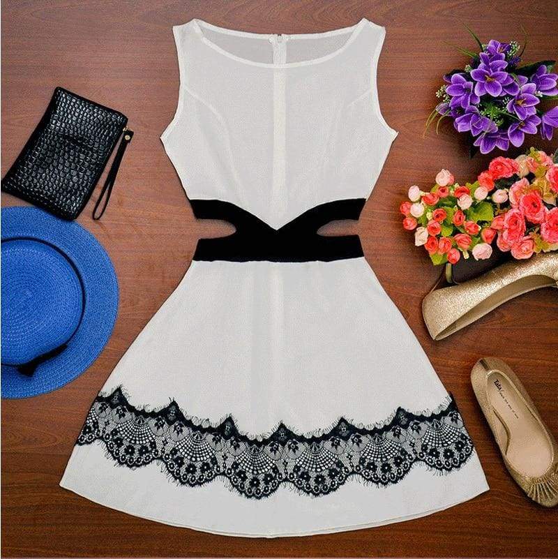 Dress OL Lady Sleeveless O-neck Lace Patchwork Casual Slim Fit Hollow Out Mini Waist Dress white black Mssaz Desses