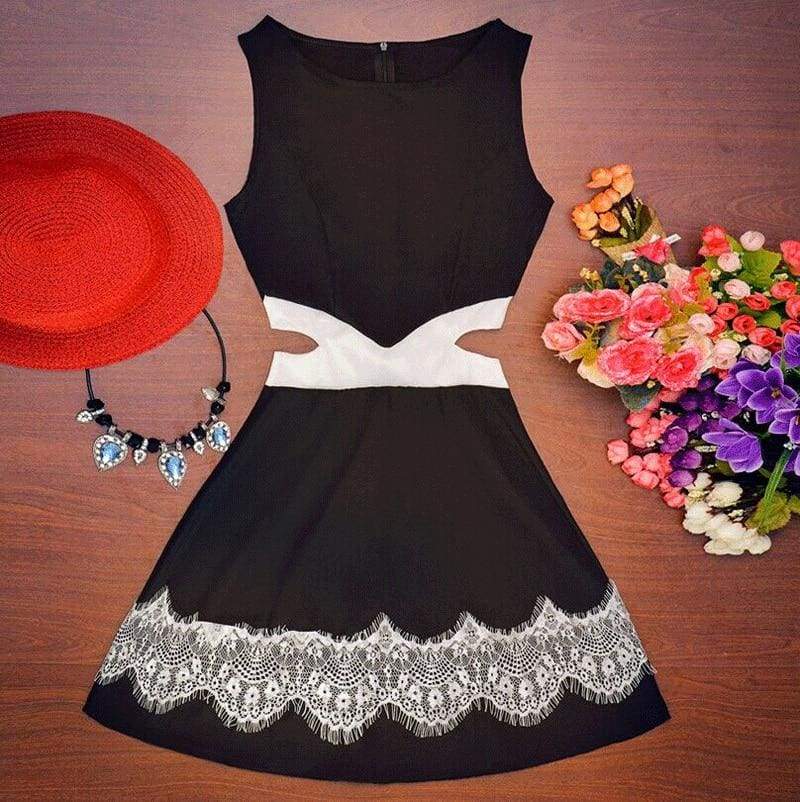 Dress OL Lady Sleeveless O-neck Lace Patchwork Casual Slim Fit Hollow Out Mini Waist Dress white black Mssaz Desses