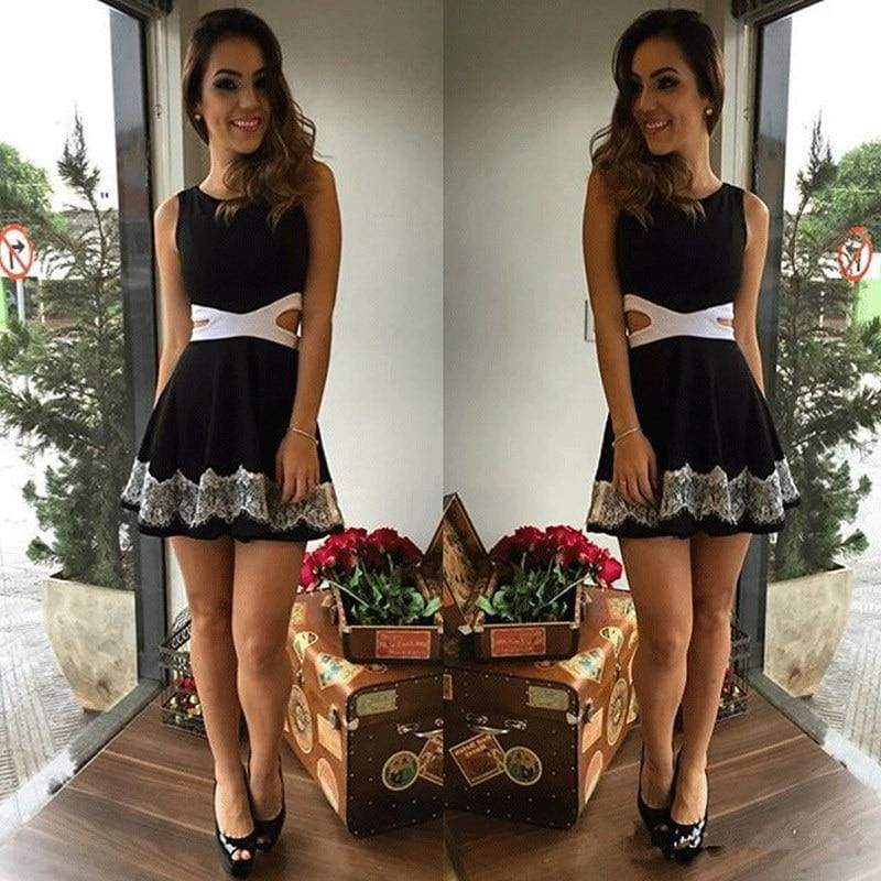 Dress OL Lady Sleeveless O-neck Lace Patchwork Casual Slim Fit Hollow Out Mini Waist Dress white black Mssaz Desses