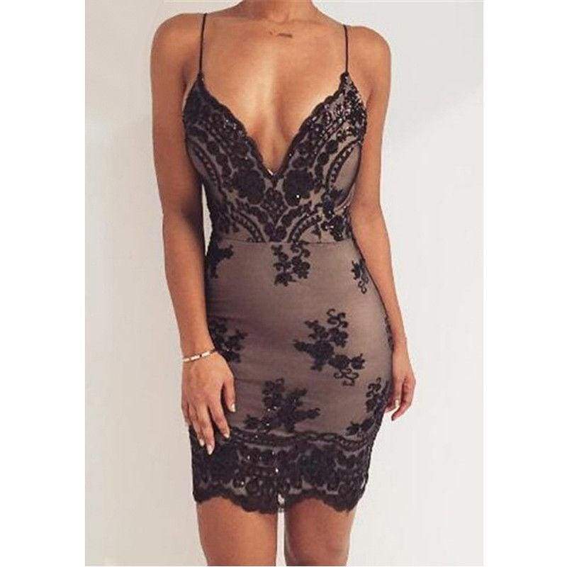 Dress Spaghetti Strap V Neck Sequined Lace Bodycon Dresses Sleeveless Party Evening Vestidos Femme Short Mini Dress Mssaz Desses