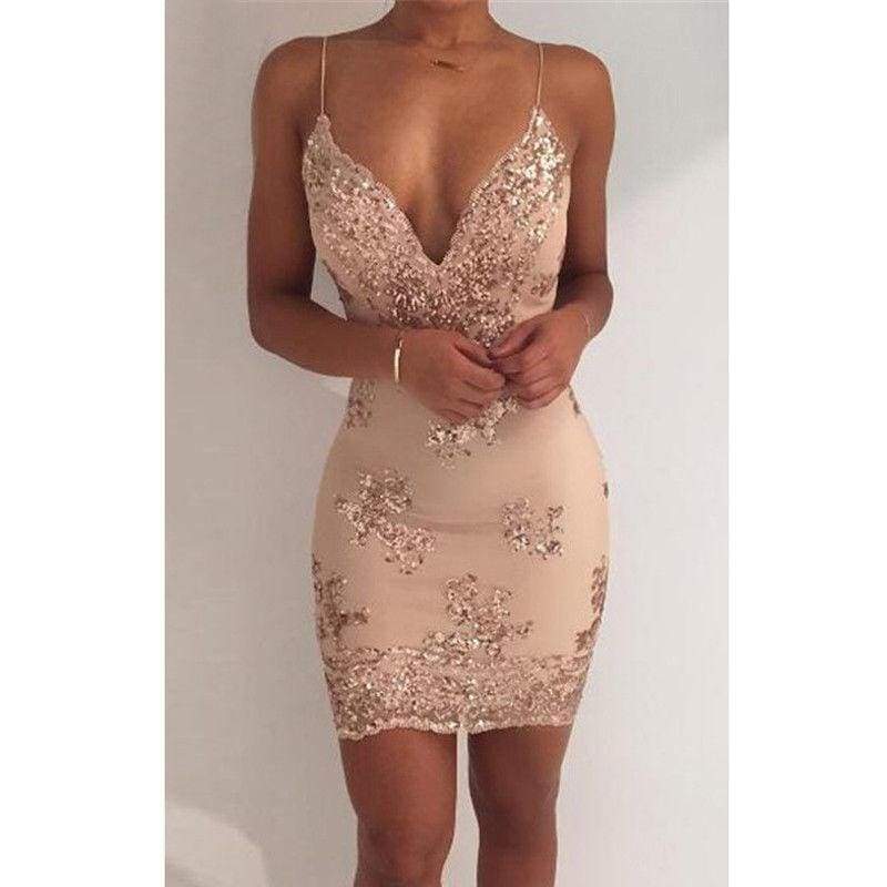 Dress Spaghetti Strap V Neck Sequined Lace Bodycon Dresses Sleeveless Party Evening Vestidos Femme Short Mini Dress Mssaz Desses