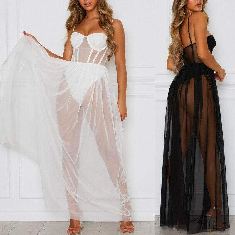 Mesh Cover Ups Sundress Perspective Sleeveless Backless Casual Long Bathing Suit Beach Clothes Mssaz Desses