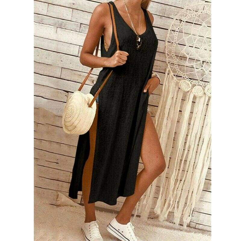 Solid Color Split Sleeveless V-Neck Loose Casual Party Bohemian Dress Holiday Beach Sundress Mssaz Desses