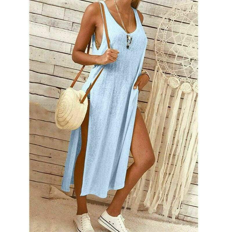 Solid Color Split Sleeveless V-Neck Loose Casual Party Bohemian Dress Holiday Beach Sundress Mssaz Desses