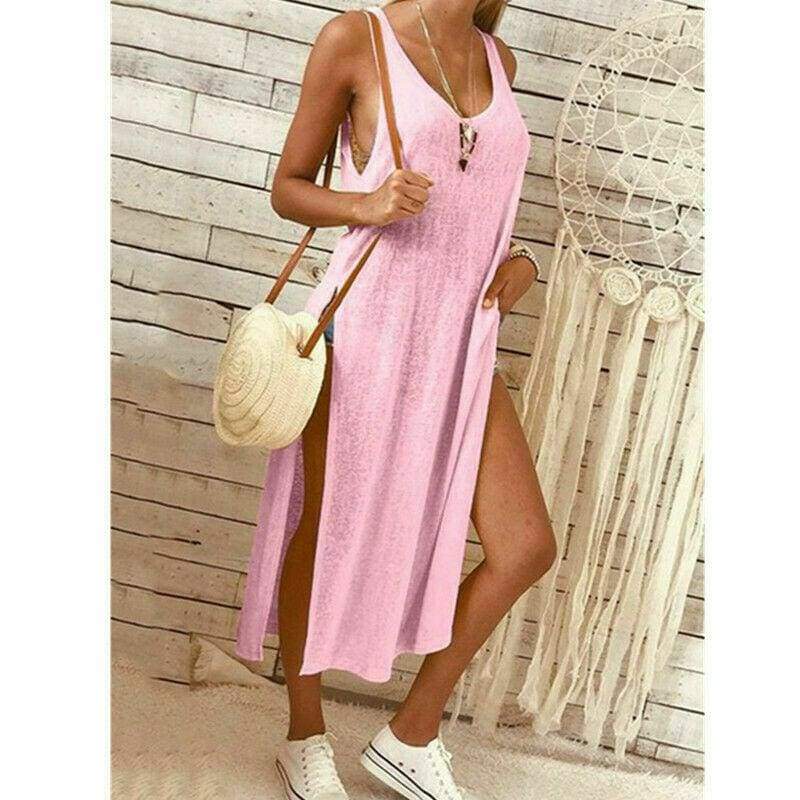 Solid Color Split Sleeveless V-Neck Loose Casual Party Bohemian Dress Holiday Beach Sundress Mssaz Desses