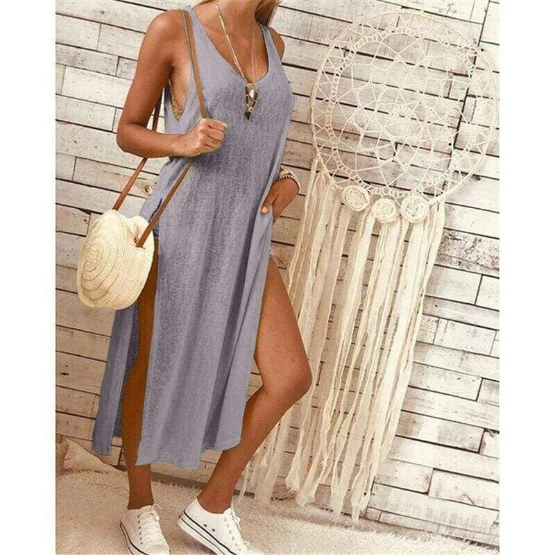 Solid Color Split Sleeveless V-Neck Loose Casual Party Bohemian Dress Holiday Beach Sundress Mssaz Desses