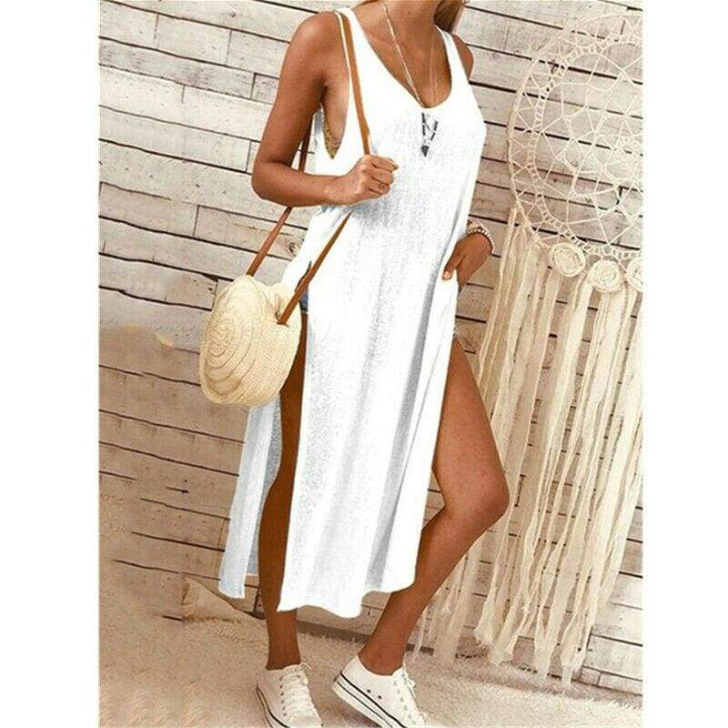 Solid Color Split Sleeveless V-Neck Loose Casual Party Bohemian Dress Holiday Beach Sundress Mssaz Desses