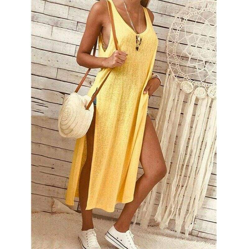 Solid Color Split Sleeveless V-Neck Loose Casual Party Bohemian Dress Holiday Beach Sundress Mssaz Desses