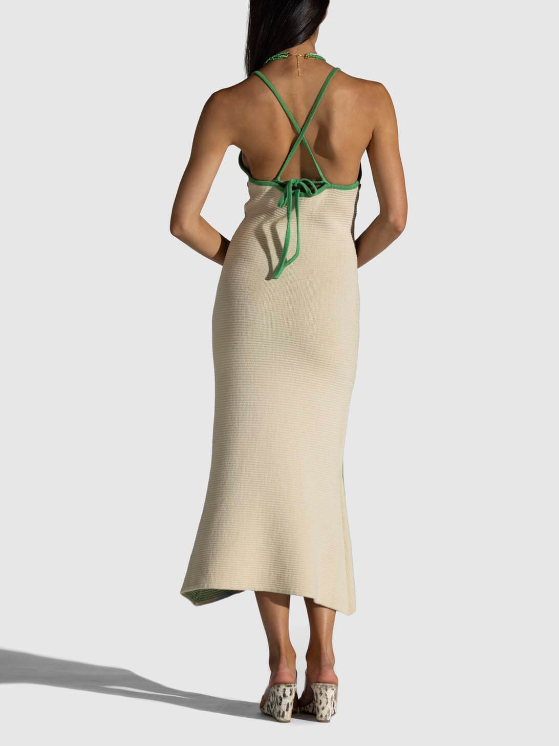 Knitted Suspender Halterneck V-Neck Backless  Midi Dress Mssaz Desses