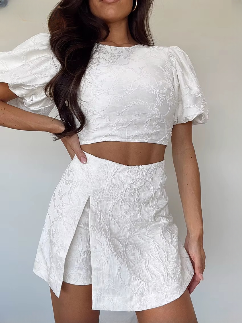 Elegant Short Sleeve Crop Top With High Waist Shorts Two Piece Sets Mssza