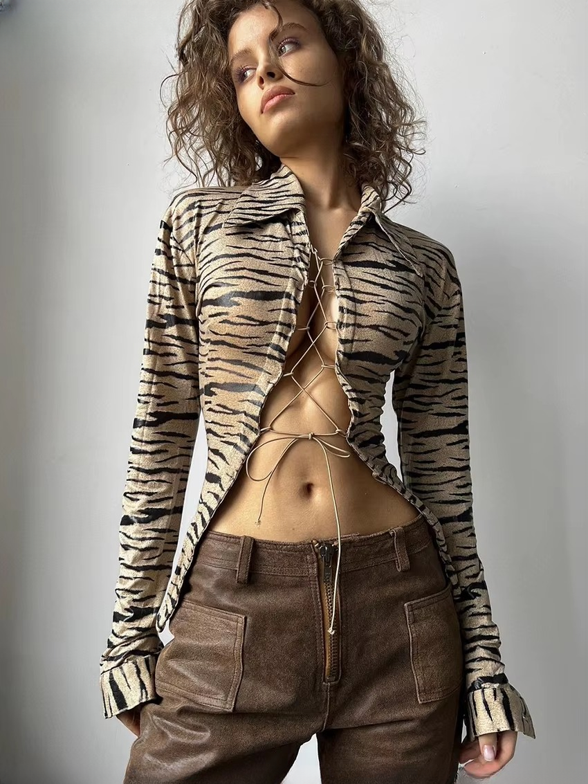 Elegant Long Sleeve Shirts Classic Bandage Blusa Top Print Shirt Mssza