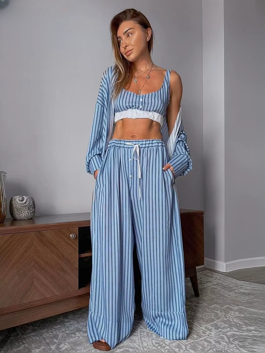 Elegant Long Sleeve Shirt + Crop Top With High Waist Wide Pants 3 Pieces Set Mssza