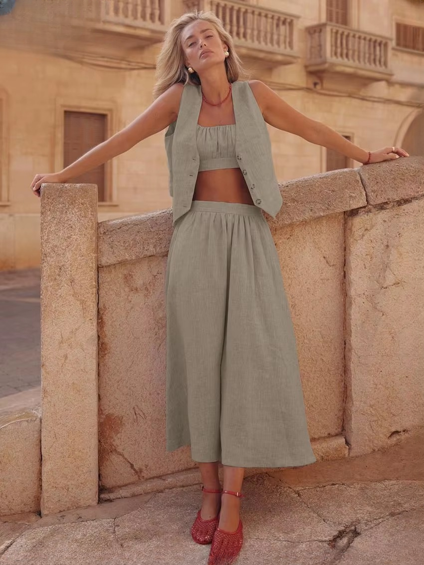 Casual Sleeveless Tank Top + Crop Top With High Waist Long Skirt 3 Piece Set Mssza