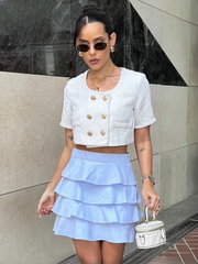 Casual Solid High Waist Classic Pleated Cotton Mini Skirt Mssza