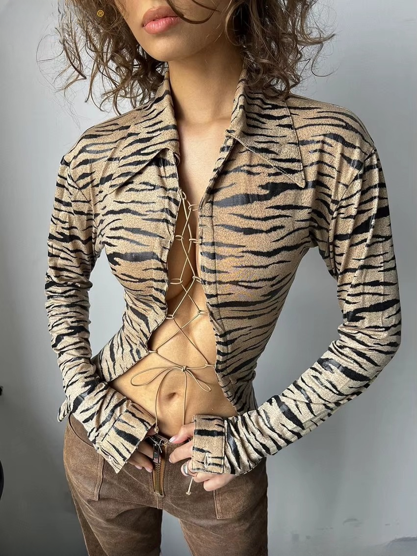 Elegant Long Sleeve Shirts Classic Bandage Blusa Top Print Shirt Mssza