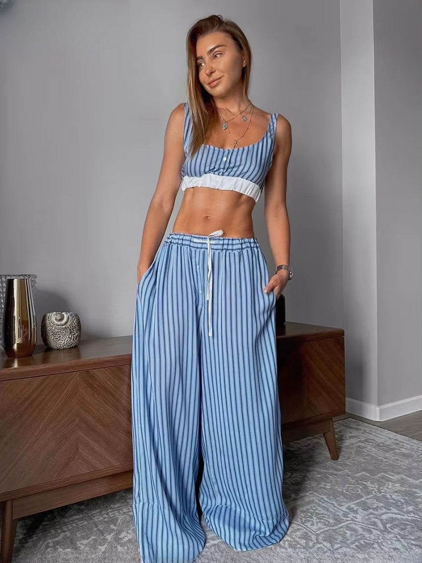 Elegant Long Sleeve Shirt + Crop Top With High Waist Wide Pants 3 Pieces Set Mssza