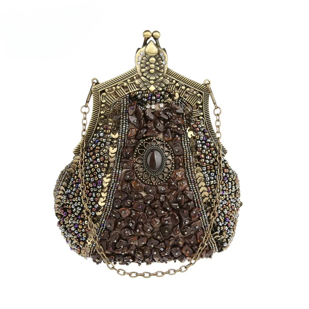 Elegant Vintage Antique Chain Sequin Beaded Retro Clutches Handbag Mssza