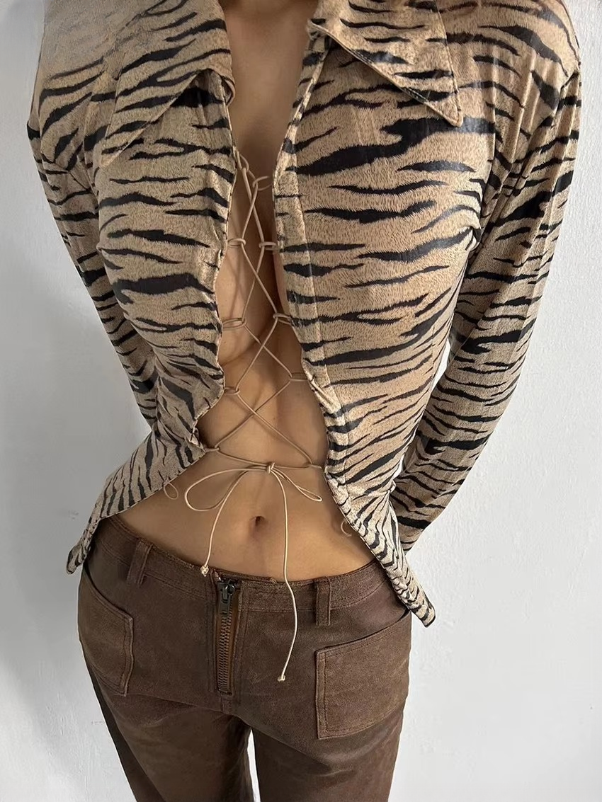 Elegant Long Sleeve Shirts Classic Bandage Blusa Top Print Shirt Mssza