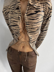Elegant Long Sleeve Shirts Classic Bandage Blusa Top Print Shirt Mssza