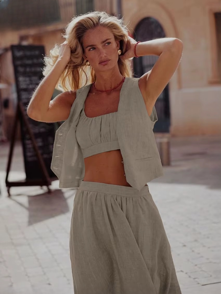 Casual Sleeveless Tank Top + Crop Top With High Waist Long Skirt 3 Piece Set Mssza