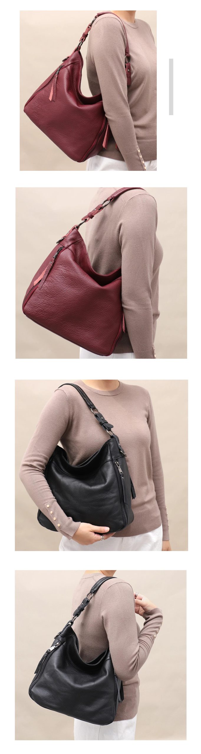 Cowhide Multi Pockets Casual Large Soft Slouchy Leather Hobo Handbag Mssza