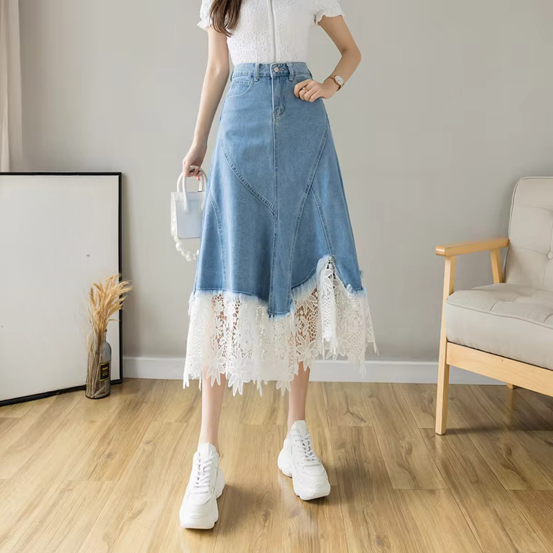 Lace Patchwork Denim High Waist Irregular Elegant Midi Skirts Mssza