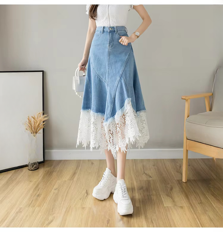 Lace Patchwork Denim High Waist Irregular Elegant Midi Skirts Mssza