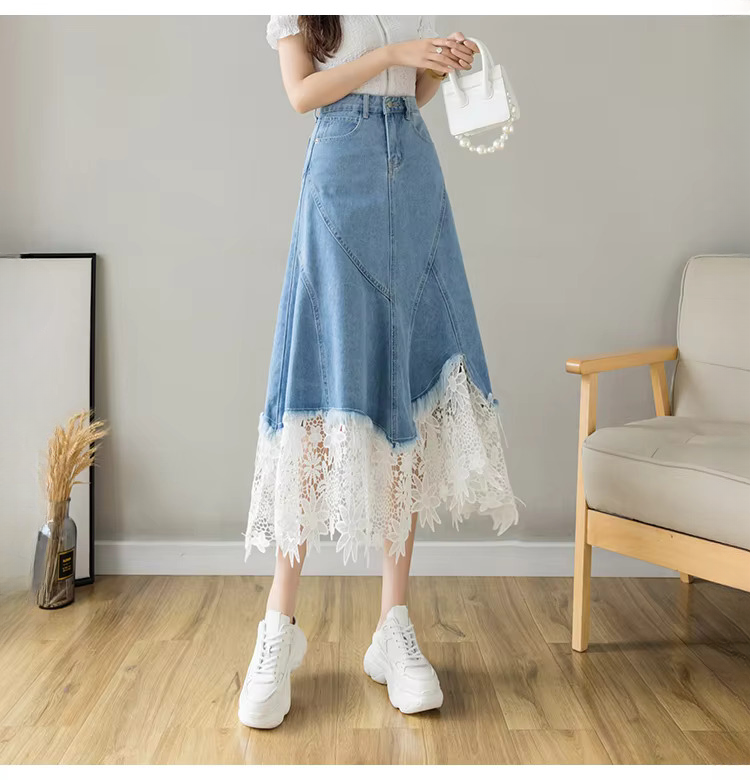 Lace Patchwork Denim High Waist Irregular Elegant Midi Skirts Mssza