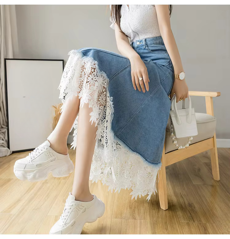 Lace Patchwork Denim High Waist Irregular Elegant Midi Skirts Mssza