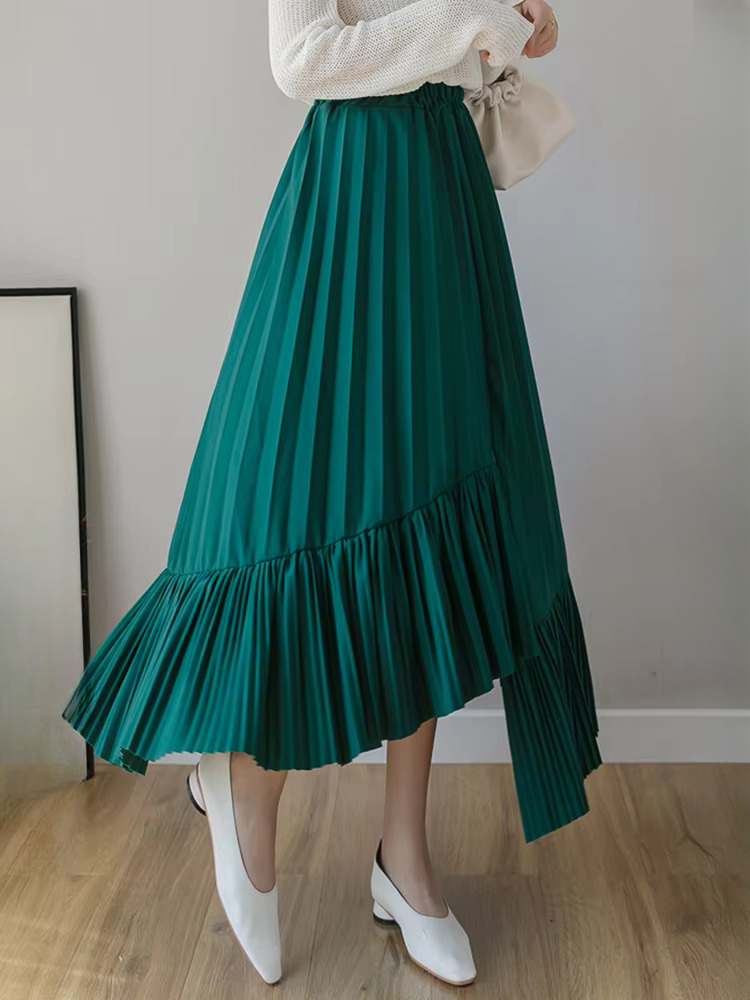 Pleated Irregular High Waist Solid Elegant And Vintage Midi Skirts Mssza