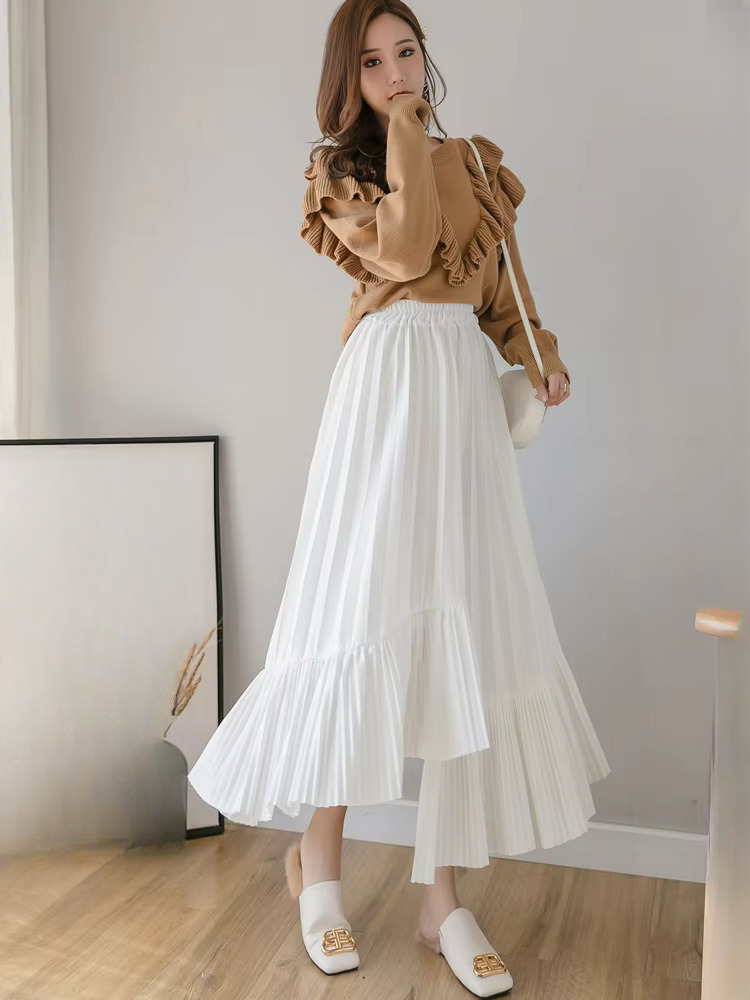 Pleated Irregular High Waist Solid Elegant And Vintage Midi Skirts Mssza