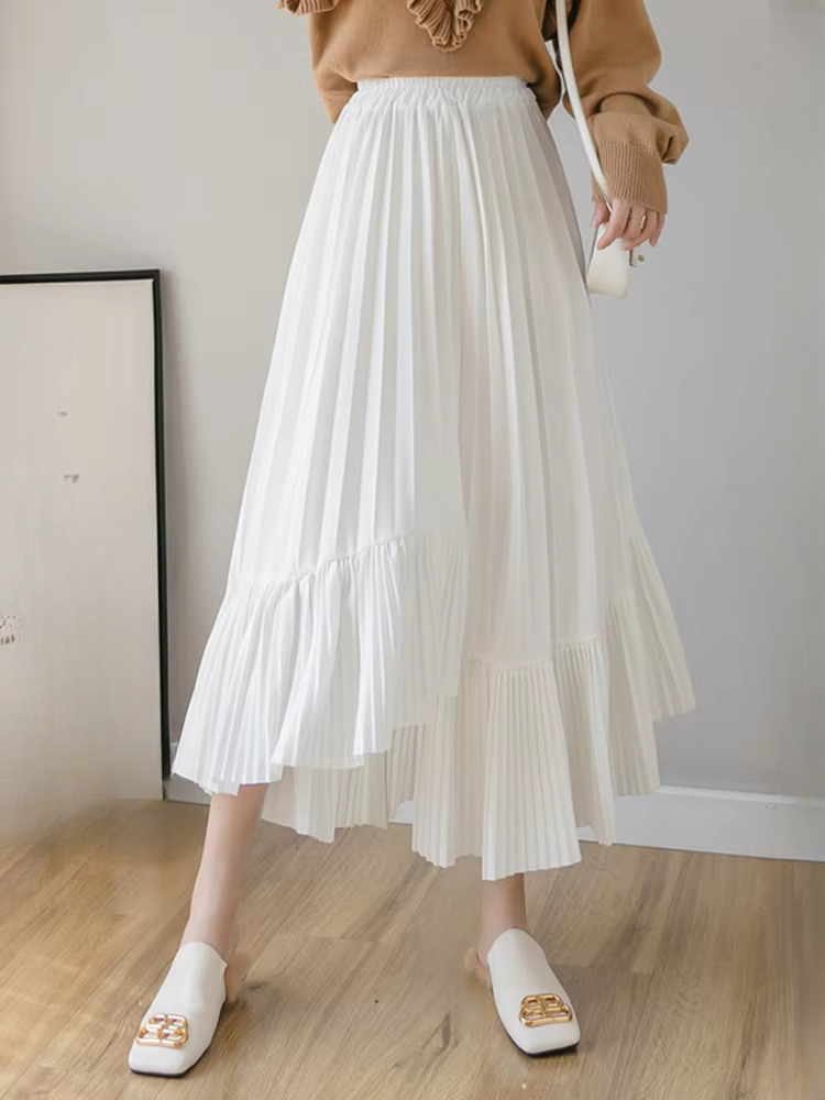 Pleated Irregular High Waist Solid Elegant And Vintage Midi Skirts Mssza