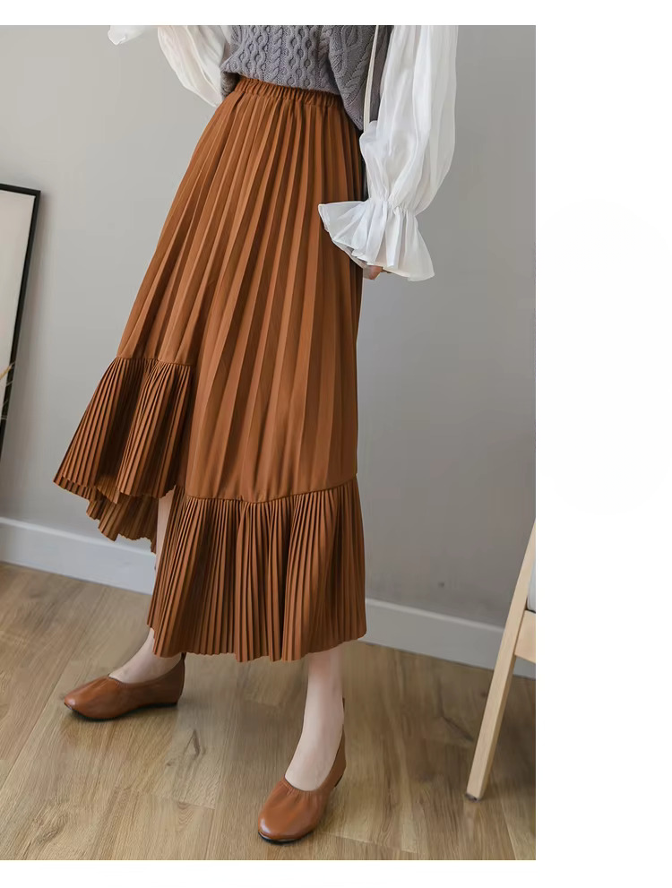 Pleated Irregular High Waist Solid Elegant And Vintage Midi Skirts Mssza