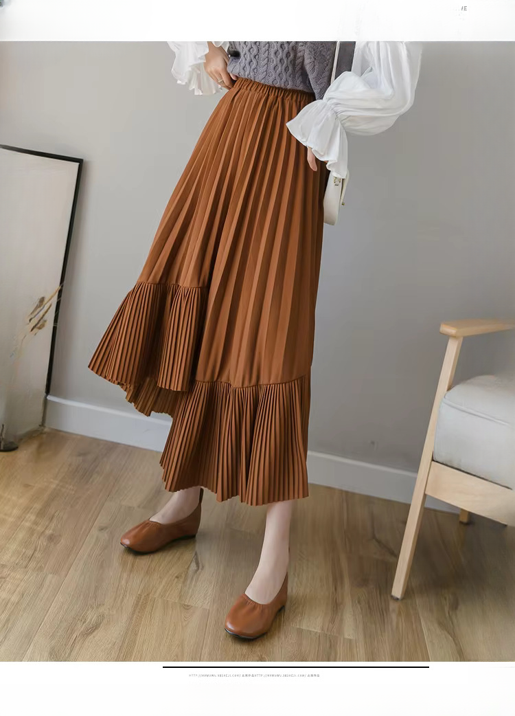 Pleated Irregular High Waist Solid Elegant And Vintage Midi Skirts Mssza