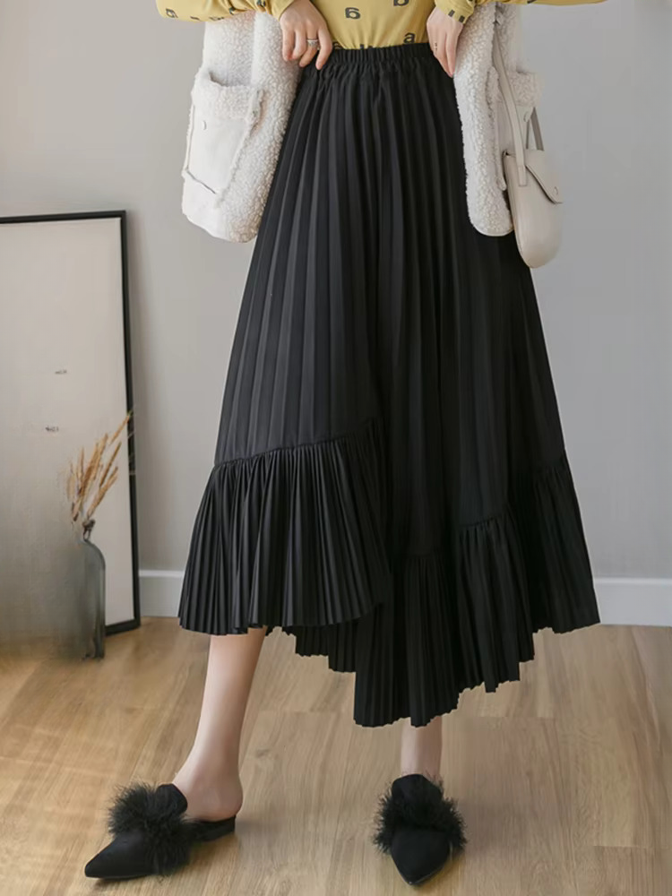 Pleated Irregular High Waist Solid Elegant And Vintage Midi Skirts Mssza