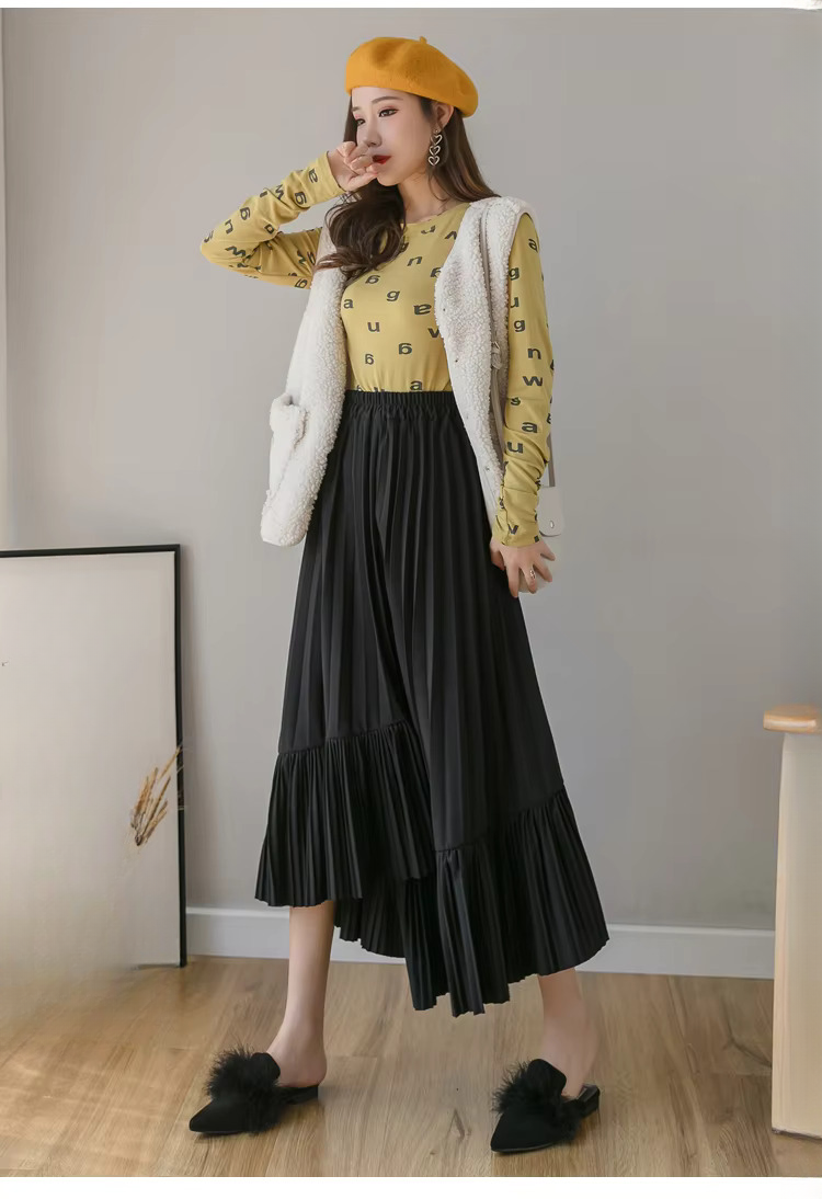 Pleated Irregular High Waist Solid Elegant And Vintage Midi Skirts Mssza