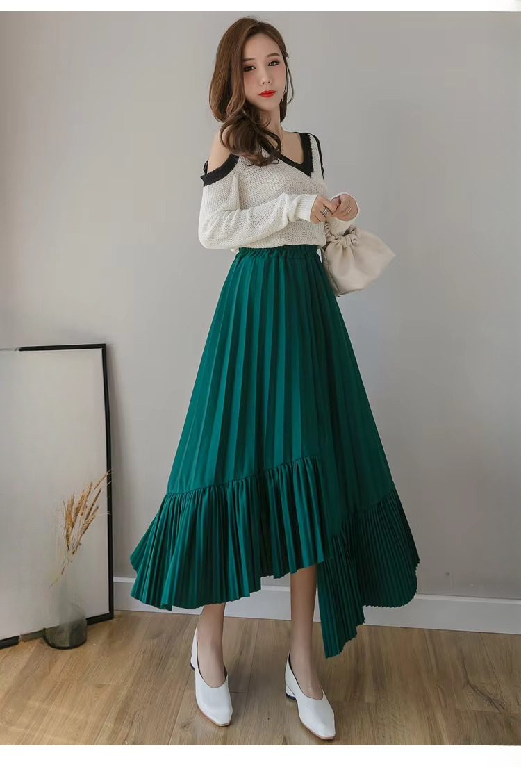 Pleated Irregular High Waist Solid Elegant And Vintage Midi Skirts Mssza