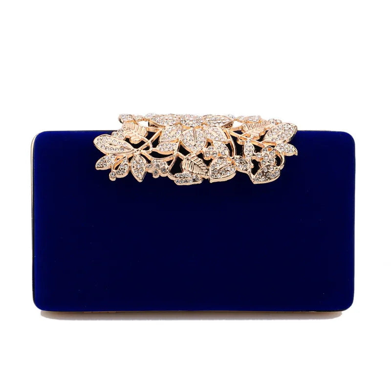 Leaf Design Diamonds Flap Shaped Velvet Luxury Clutch Mssza