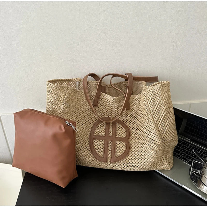Straw Hollow Out Large Capacity Shoulder Set Handbag Mssza