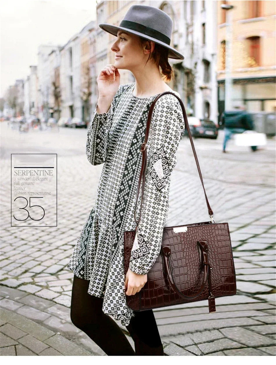 Casual Crocodile Print Large Capacity Patent Leather Tote Handbag Mssza