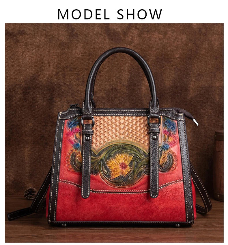 Retro Printed Large Capacity High-Quality Cowhide Handbag Mssza
